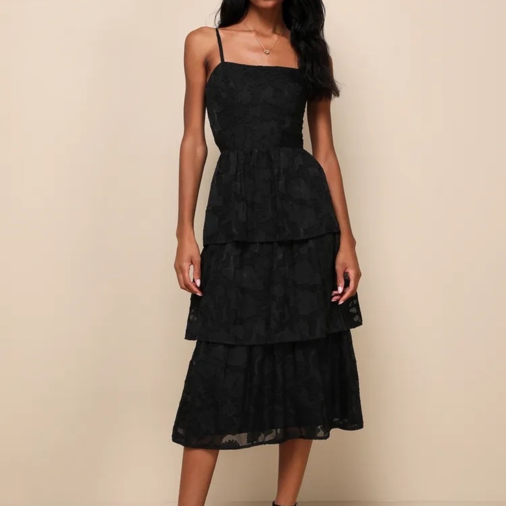 Lulu’s Grace and Beauty Black Burnout Floral Print Tiered Dress Wedding Guest
